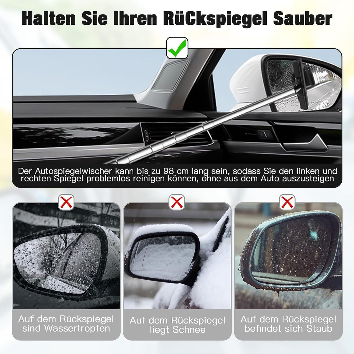 Side Mirror Squeegee,Retractable Car Rearview Mirror Wiper,Portable Car Mirror Squeegee for Rainy Foggy Weather,Universal Car Accessories