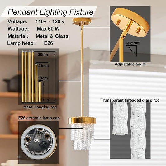 7-inch pendant lamp, modern crystal pendant lamp, E26, 1 kitchen island pendant lamp, golden pendant lighting for hallway and dining room (gold, 1 unit)
