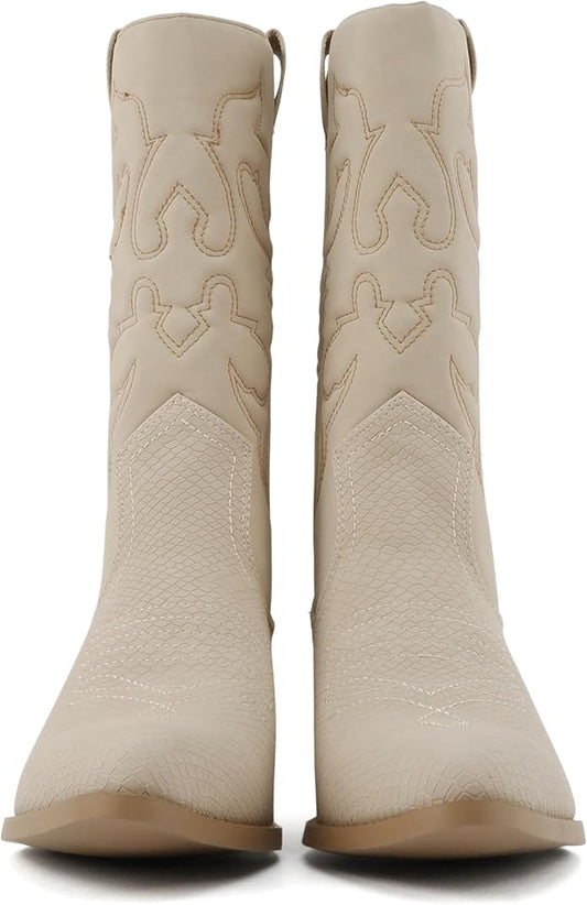 Soda TELLER  Women's Western Cowboy Boots with Stitched Detailing, Pointed Toe, and Low Block Heel