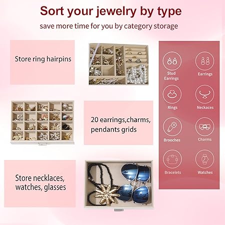 BOOVO Clear Lid Jewelry Box,3 Layers Jewelry Organizer Large Multi-Functional Jewelry Storage Box with 2 Drawers,Jewelry Display Case of Rings Earrings Necklace Bracelets for Women Girls (White)