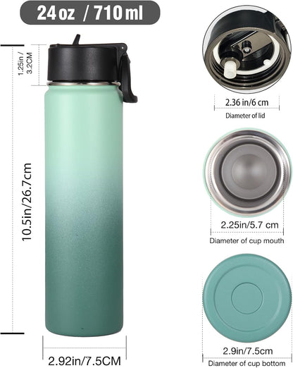 24 Ounce Insulated Water Bottle With Straw Lid,Stainless Steel Wide Mouth Sport Bottles With Handle,Double Wall Vacuum Cups keep Cold,Reusable Travel Thermal Cups For Holder,Gym(Mojito,1)