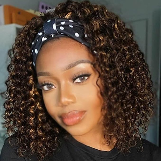 Headband Wig Human Hair Deep Wave 427 Human Hair Headband wigs for women Glueless None Lace Front Wig Machine Made 150 Density headband wig human hair with Headbands (12Inch)