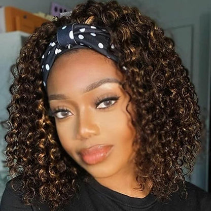 Headband Wig Human Hair Deep Wave 427 Human Hair Headband wigs for women Glueless None Lace Front Wig Machine Made 150 Density headband wig human hair with Headbands (12Inch)