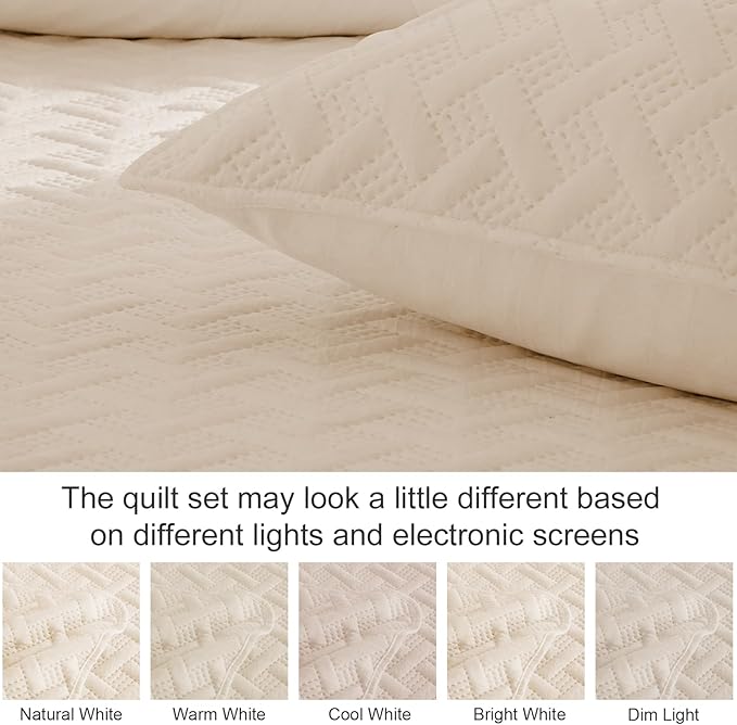 Exclusivo Mezcla Soft Quilt Set Queen Full Size, 3 Pieces Lightweight Quilts Brich Beige Bedspreads Coverlets Bedding Set for All Seasons, Weave Pattern