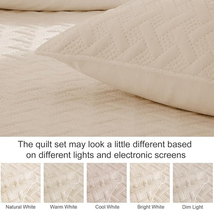 Exclusivo Mezcla Soft Quilt Set Queen Full Size, 3 Pieces Lightweight Quilts Brich Beige Bedspreads Coverlets Bedding Set for All Seasons, Weave Pattern