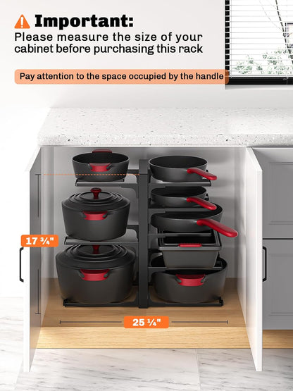 MUDEELA 8-Tier Pots and Pans Organizer under Cabinet, 15.83" Height Heavy Duty Pot Pan Organizer Kitchen Cabinet Organization and Storage, Adjustable Pot Rack for Frying Pan, Cast Iron Skillet, Black