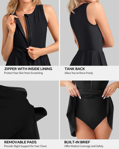 Mofiz beautyin Womens One Piece Swim Dress Athletic Swimsuits Modest Bathing Suit 2026 Zip Up Swimdress