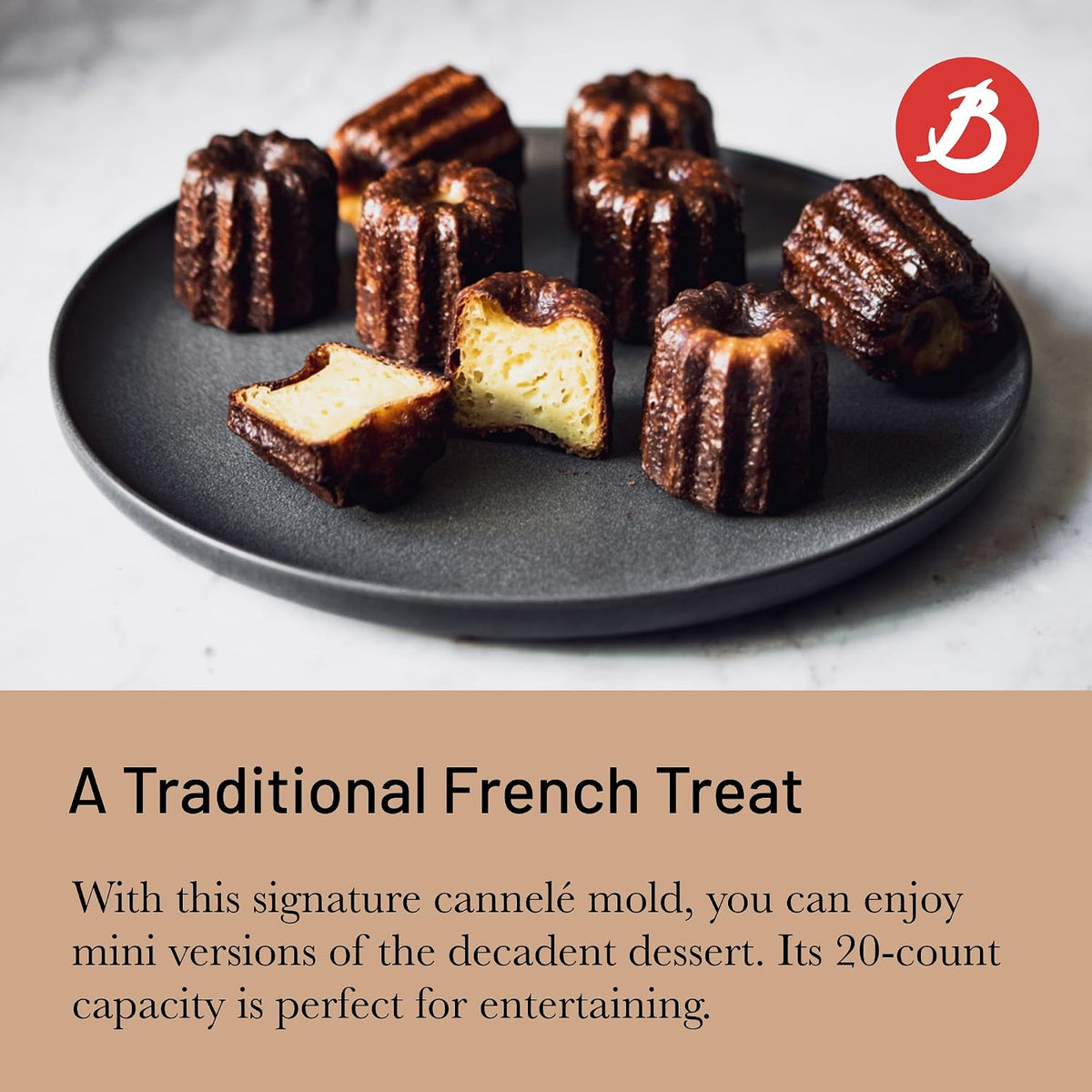 Mini-Cannele Silicone Mold - Creates 20 French Pastries - Easy to Use & Clean - Dishwasher Safe