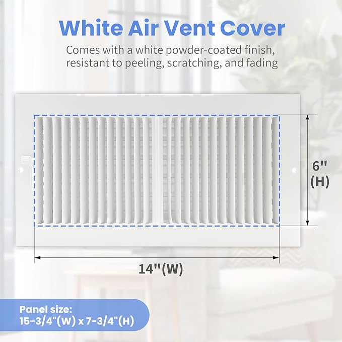 14 x 6 Inch Duct Opening Air Vent Covers for Wall or Ceiling - High Airflow 2 Way Steel Ventilation - Adjustable WallCeiling Register, 15-34 Inch x 7-34 Inch Overall Dimensions