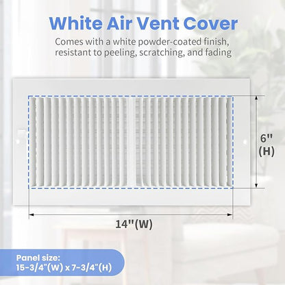 14 x 6 Inch Duct Opening Air Vent Covers for Wall or Ceiling - High Airflow 2 Way Steel Ventilation - Adjustable WallCeiling Register, 15-34 Inch x 7-34 Inch Overall Dimensions