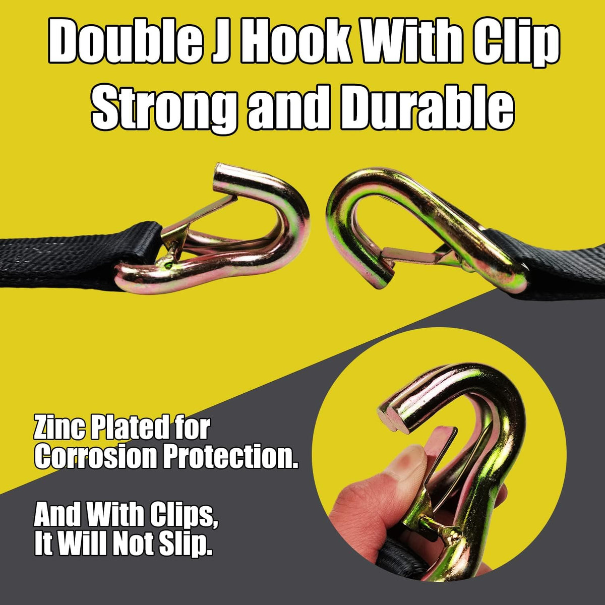 Heavy Duty Car Trailer Tie Down Straps 4 Pack Kit - 2" x 8' Ratchet Straps + J-Hooks with Clip, 2" x 36'' Axle Straps - 10,000lbs Break Strength - Use for Car, Truck, UTV Transport.( left side of the handbag is missing )