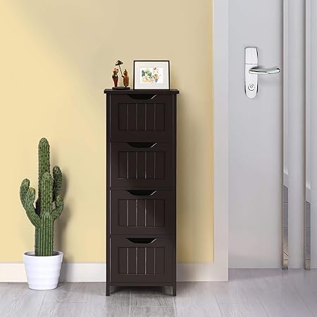 Yaheetech Bathroom Floor Cabinet, Wooden Side Storage Organizer, 4 Drawers Free-Standing Cabinet for BathroomHallwayLiving Room, Espresso