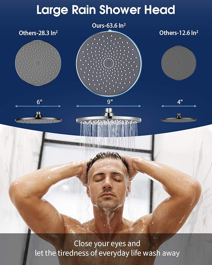 Large Shower Head VMASSTONE 9In High Pressure Showerhead - Tool Free Installation- with Large Spray Surfaces and 200 Nozzles for Delicate and Unstimulate Shower Experience (EM-001 ChromeDark Grey)