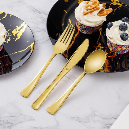 50 Pack Gold Plastic Forks, Heavy Duty Forks Disposable, Plastic Cutlery Perfect for Weddings, Parties, Dinners and Thanksgiving