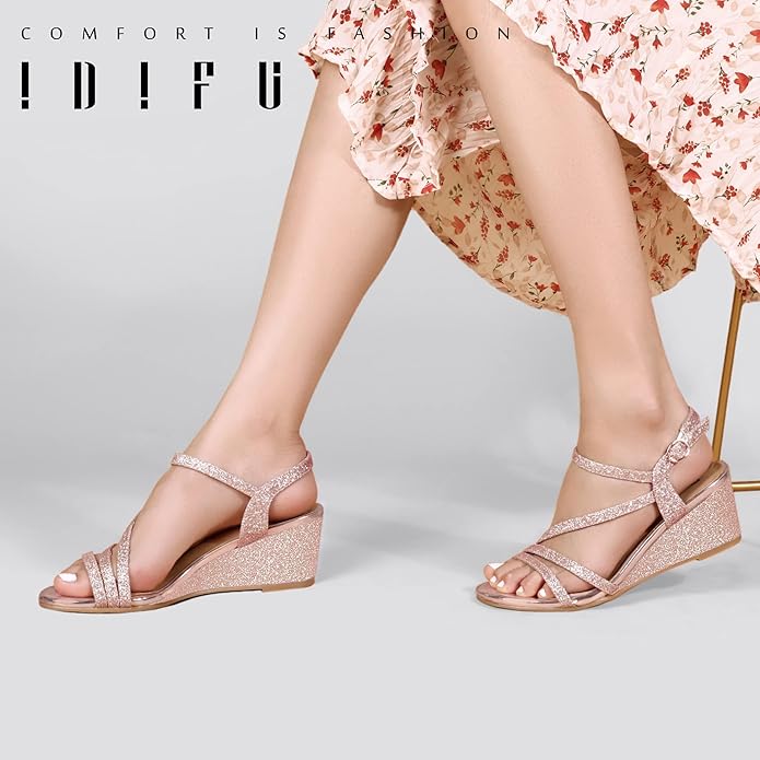 IDIFU Women's Wedge Heel Sandal Dress Low Strappy 2 Inch Open Toe Wedding Bridal Shoes for Woman Ladies Evening Formal