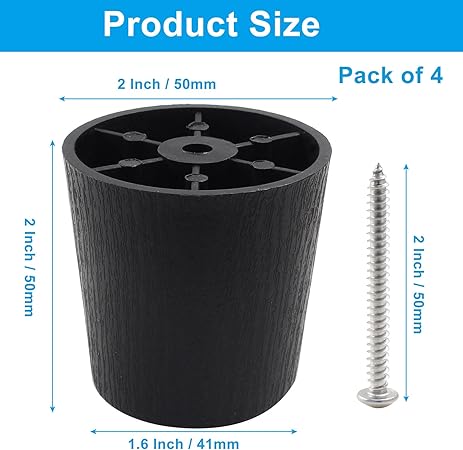 2 Inch Plastic Furniture Legs Set of 4, Black Screw in Legs Round Tapered Sofa Legs, Couch Feet Replacement Legs for Furniture, Table, Ottoman