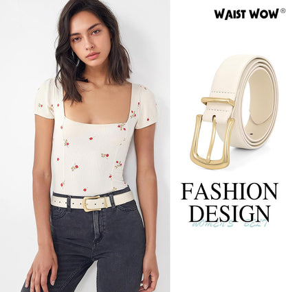 Women's Leather Belt for Jeans Pants Fashion Ladies Dress Belt Waist Belt with Gold Buckle