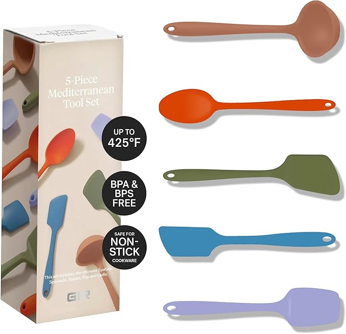 GIR: Get It Right 5 Piece Silicone Cooking Utensils Set - Ladle, Spatula, Flip, Spoon  Spoonula - Non-stick - Heat Resistant - Mediterranean Kitchen Utensils Set - Baking Supplies - BPA  BPS Free