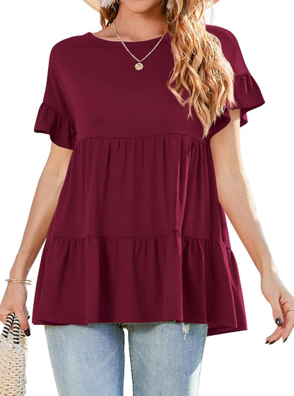 Neineiwu Women's Casual Ruffle Short Sleeve Crewneck Loose Tops Blouses Tunics