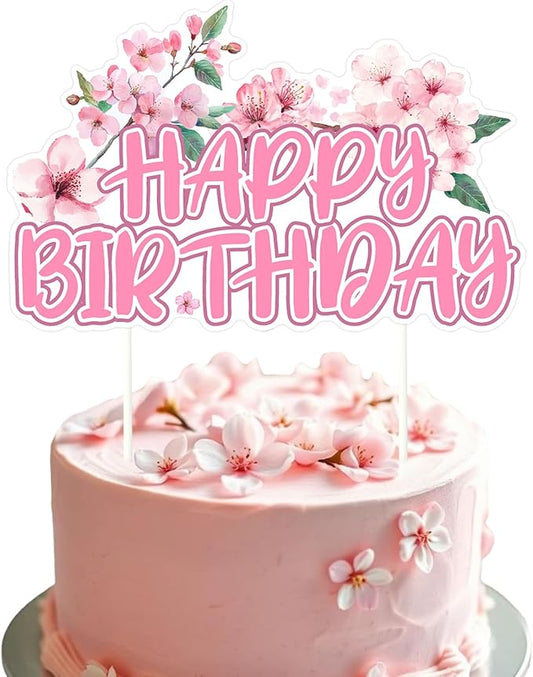 Cherry Blossom Happy Birthday Cake Topper, Japanese Sakura Cake Pick Decoration for Girls Women Birthday Party Supplies