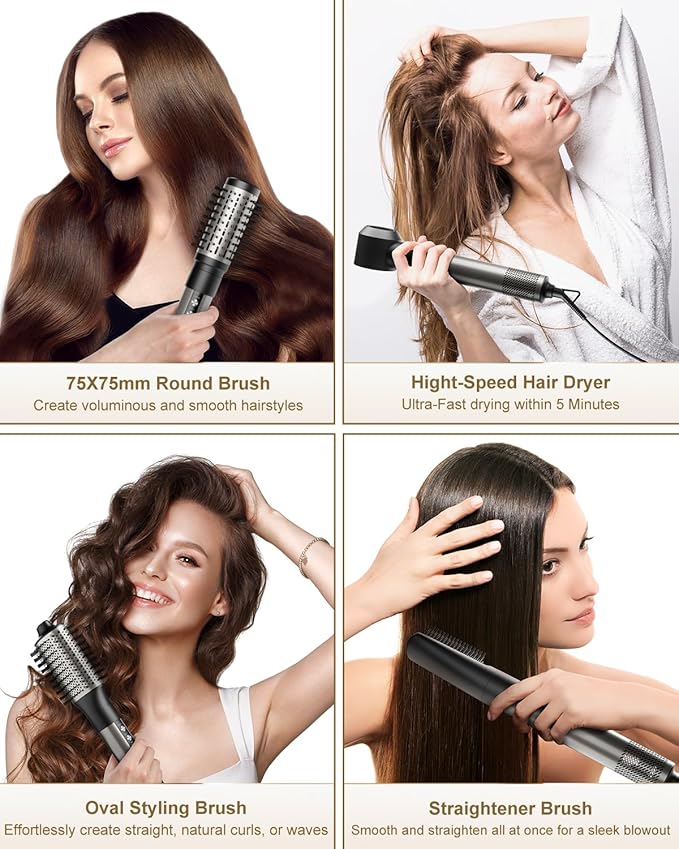 7MAGIC Hair Dryer Brush  Styler, 110,000 RPM, High-Speed Ionic Hair Dryer, Multi-Function, Professional Blow Dryer Brush for Curling, Volumizing, Straightening, and Styling, Silver