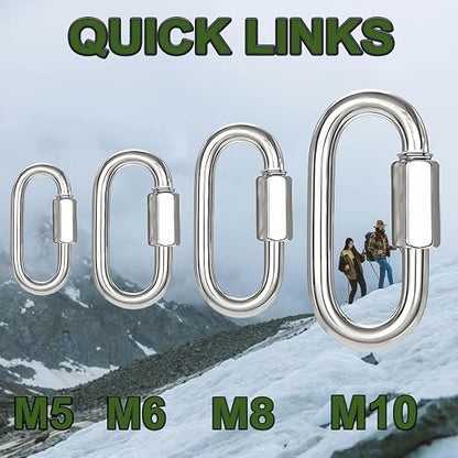 8 PCS 3 Inches Chain Quick Links, M8 Galvanized Steel Thread Heavy Duty Carabiner Clips, 5/16" Locking Carabiners Connectors for Hammock, Camping, Pet Leash, Key Chain, Gym, 2000 Lbs Capacity