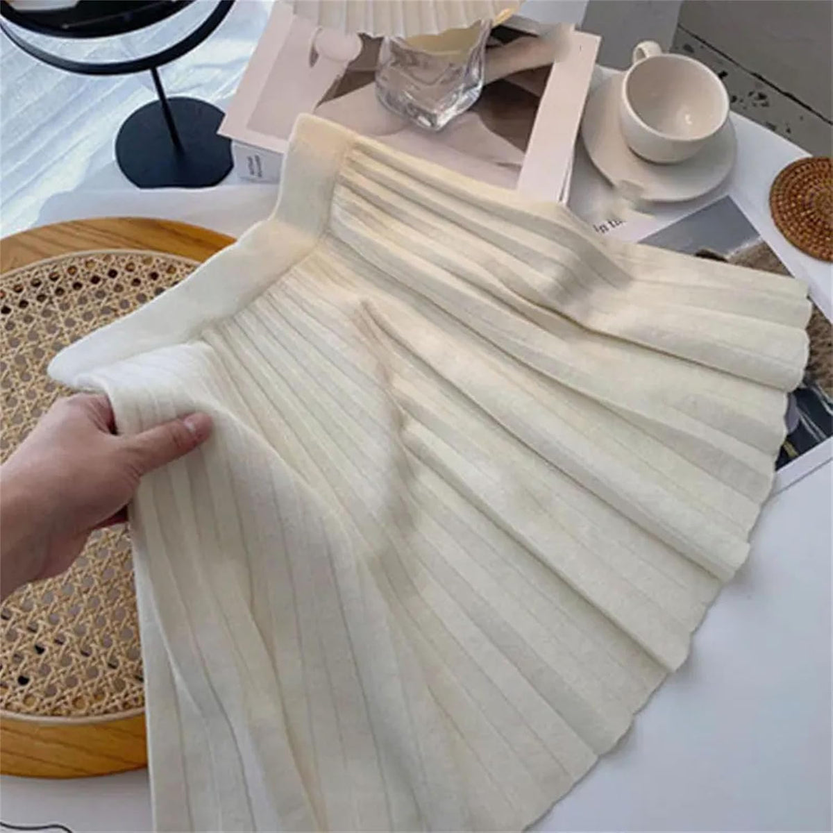 Womens Pleated Knit Skirt High Waist A Line Sweater Skirts Winter Solid Elastic Knitting Ribbed Mini Dress
