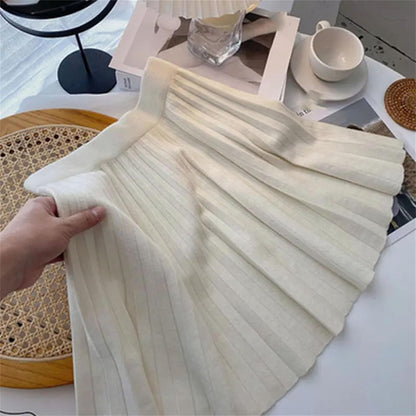 Womens Pleated Knit Skirt High Waist A Line Sweater Skirts Winter Solid Elastic Knitting Ribbed Mini Dress