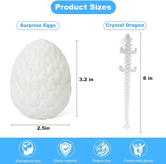 Dragon Eggs with Dragon Inside 3D Printed, Mystery Dragon Egg Articulated Crystal Fidget Toy for Kids Adults Women Men Funny Gift Desk Decor(White)
