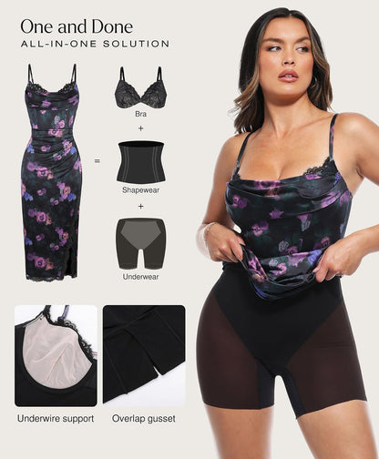 Popilush Shapewear Corset Dress Women's Satin Ruched Midi Dress Cocktail Date Night Classy Dresses with Lace Trim Bra