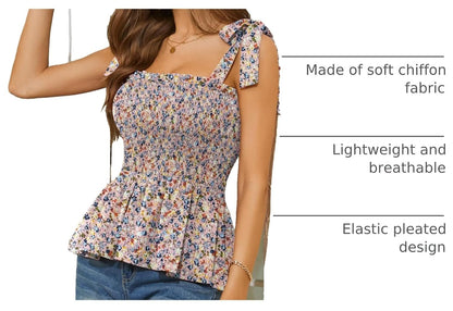 Micoson Ruffle Tank Tops for Women Summer Square Neck Sleeveless Tops Tie Shoulder Chiffon Blouse Babydoll Shirts