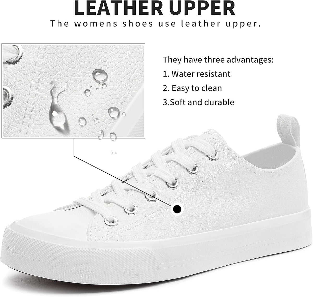 Size 6 These water-resistant, easy-to-clean FRACORA women's sneakers feature a soft, comfortable sole and a convenient back strap for easy on and off.