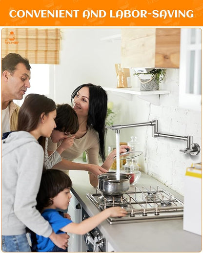 Pot Filler, Pot Filler Faucet Wall Mount, Metal Folding Stretchable with Double Joint Swing Arm Single Hole Two Handles Kitchen Restaurant (Brushed Nickel)