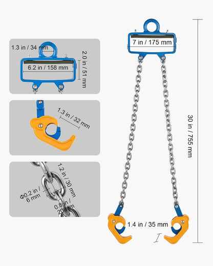 VEVOR Chain Drum Lifter, G80 Drum Lifting Chain Sling with Security Hook, 2200LBS Capacity, Drums Handling Equipment Fits for Crane Forklift, Carbon Steel Barrel Lifter for Plastic & Metal Drums