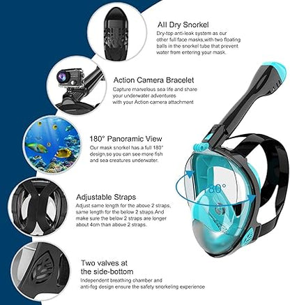 Full Face Snorkel Mask, Diving Mask for Kids and Adults,180 Panoramic View Snorkel Mask with Camera Mount, Safe Breathing, Anti-LeakAnti-Fog