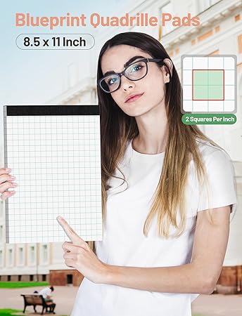 Graph Paper Pads 8.5 x 11 Graph Paper Notebook 8 Pack Grid Notebook Paper Pad 2x2 Quad Grid Paper Pad 8-12 x 11 White Quadrille Pad 8.5" x 11" Graft Paper Graph Pad 70 GSM Grid Tablet 50 SheetsPad