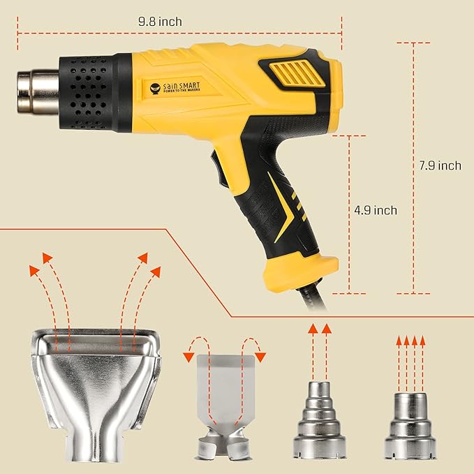 SainSmart Heat Gun, 1800W, Variable Temperature Control 120 F-1202 F, Fast Heat Hot Air Gun Soldering, with 4 Nozzles for Crafts, Epoxy Resin, Shrinking tubes, Stripping Paint, and Shrink Wrapping