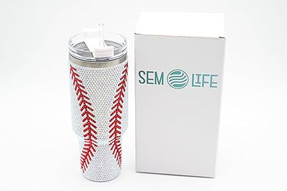 40 Oz Rhinestone Bling Tumbler Cup with Handle and Straw (BASEBALL), Stainless Steel and Double Wall Insulated