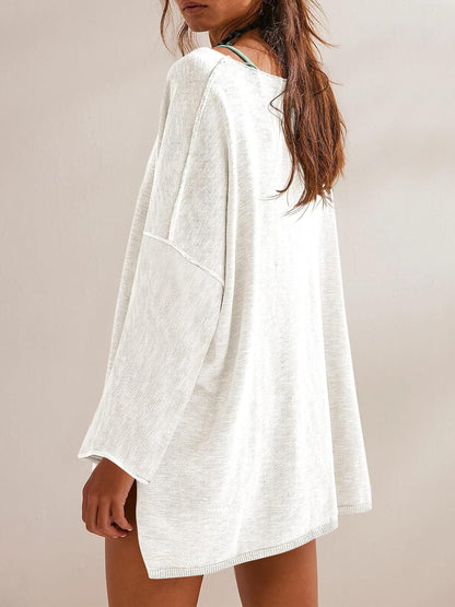 Tankaneo Womens Long Sleeve Shirts Oversized Lightweight Sweaters Crewneck Side Slit Hem Casual Blouse Tunic Tops