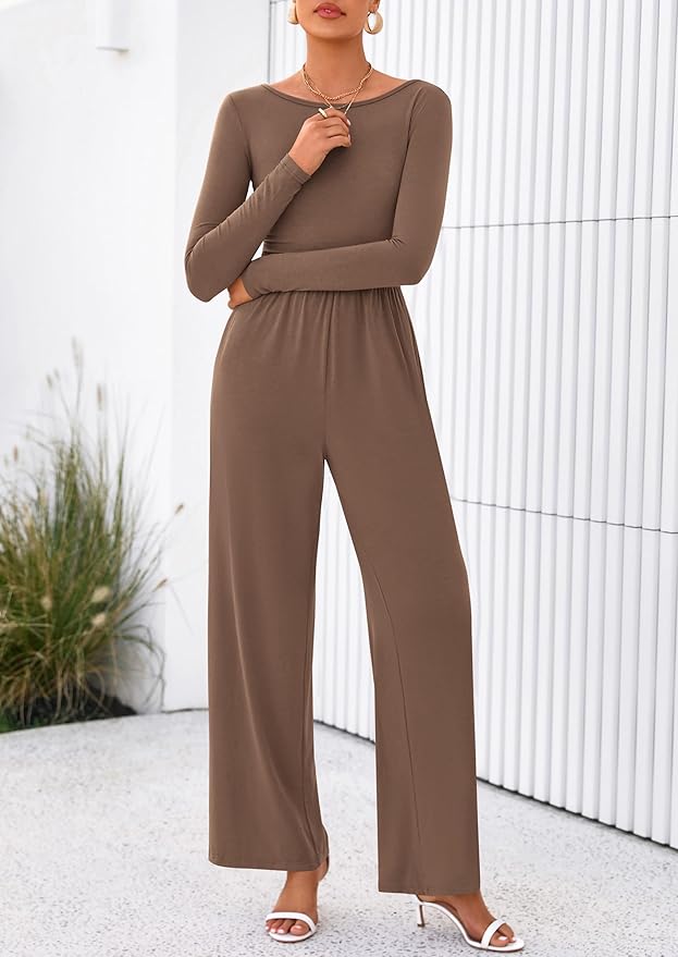 PRETTYGARDEN One Piece Jumpsuits for Women Dressy Casual Long Sleeve Crewneck Wide Leg Rompers Jumpers Vacation Outfits 2025