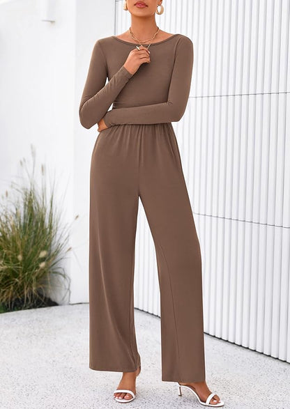 PRETTYGARDEN One Piece Jumpsuits for Women Dressy Casual Long Sleeve Crewneck Wide Leg Rompers Jumpers Vacation Outfits 2025