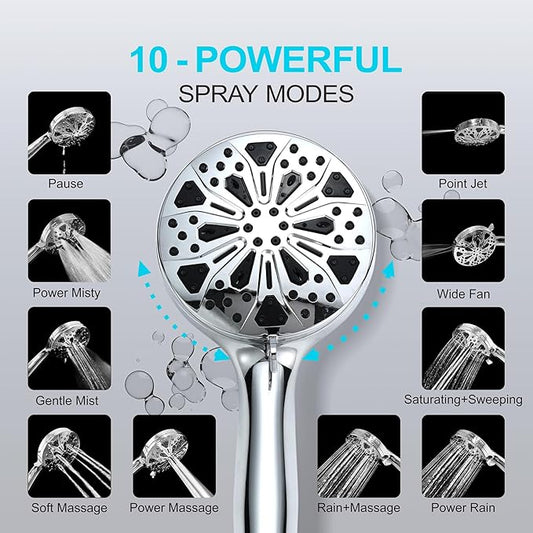 Shower Head With Handheld, High Pressure Shower Head With 10-Spray Modes, Detachable Shower Head Set Wtith Filters, Stainless Steel Hose  Shower Bracket,Easy to Install.Chrome.