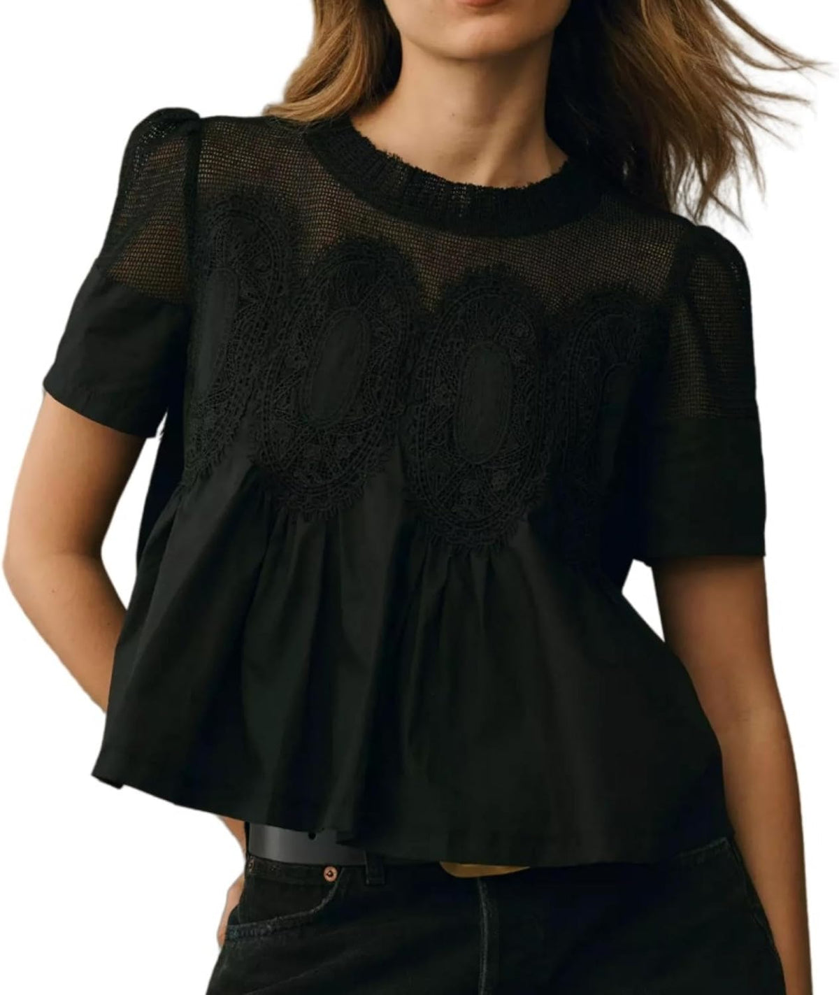 VAOYIU Women Lace-Detail Flared Blouse Short-Sleeve Crew Neck Lace Poplin Mesh Swing Top Elegant Loose Intricate Back Design
