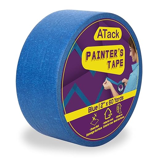 ATack Professional Blue Painter's Tape, 2" x 60 Yards (Single Roll), Sharp Edge Line Technology - Produces Sharp Lines and Residue-Free Artisan Grade Clean Release Wall Trim Tape