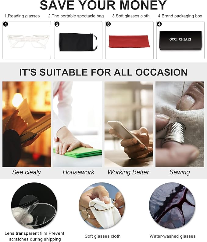 OCCI CHIARI Reading Glasses for Women Cat Eye Fashion Reader 0 1.0 1.25 1.5 1.75 2.0 2.25 2.5 2.75 3.0 3.5 4.0 5.0 6.0 (Transparente, 2.50)
