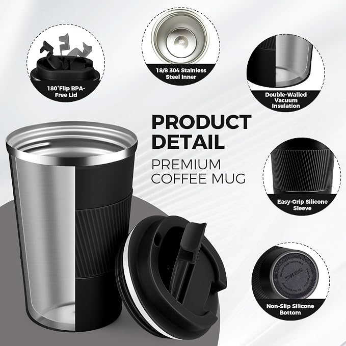 13 oz Stainless Steel Insulated Travel Coffee Mug with Fip Lid,Reusable Double Wall Vacuum Metal Coffee Cup,Portable to Go Leak Proof Cafe Thermal Tumbler for Hot & Cold Drinks(Black,1)