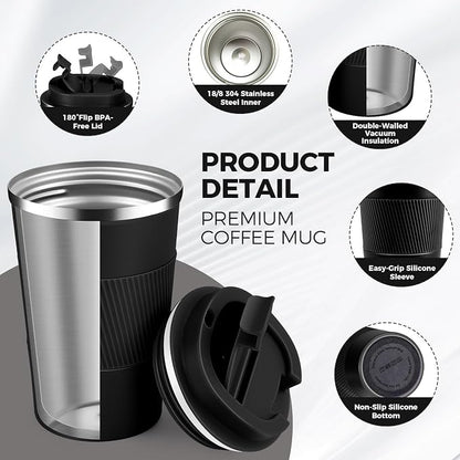13 oz Stainless Steel Insulated Travel Coffee Mug with Fip Lid,Reusable Double Wall Vacuum Metal Coffee Cup,Portable to Go Leak Proof Cafe Thermal Tumbler for Hot & Cold Drinks(Black,1)