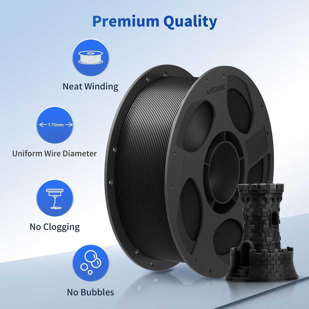 ANYCUBIC PLA 3D Printer Filament, 3D Printing PLA Filament 1.75mm Dimensional Accuracy +/- 0.02mm, 1KG Reusable Spool (2.2 lbs), Black