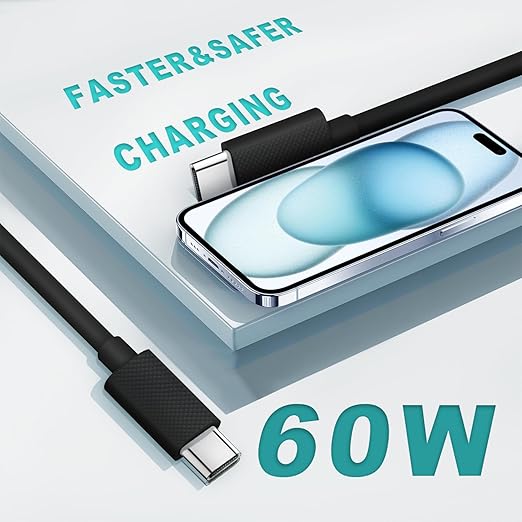 USB C to USB C Cable, USB C Charger Cable, Apple USB C Cable, 6FT 60W USBC Type C Fast Charging Cable Compatible with for Apple iPhone 15 Pro Max, ipad Pro 12.9 Air Mini MacBook Air, Black