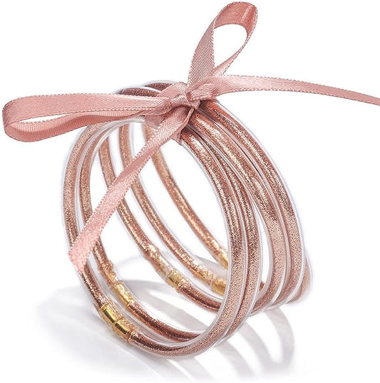 Long tiantian Cute Jelly Bangles Bracelets for Women 80's Neon Pink Glitter Dress Glitter Filled Jelly Bracelet Buddha Purple Dress Accessories Outfit for Women Trendy 2025